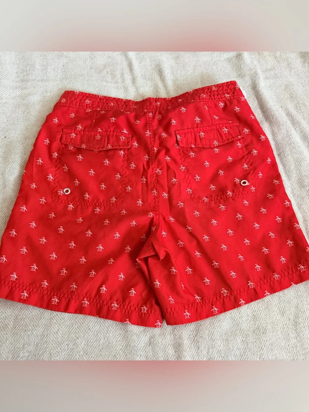 An original PENGUIN Men Swim Short Red Micro Penguin Logo Pattern 30W